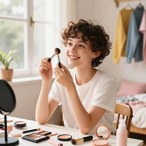 Photograph of a smiling young woman with curly brown hair, wearing a white t-shirt, applying makeup in a sunlit room. Makeup table with brushes