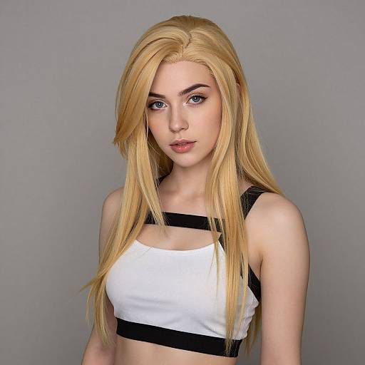 Digital portrait of a blonde woman with long hair, wearing a white and black sports bra, against a gray background.