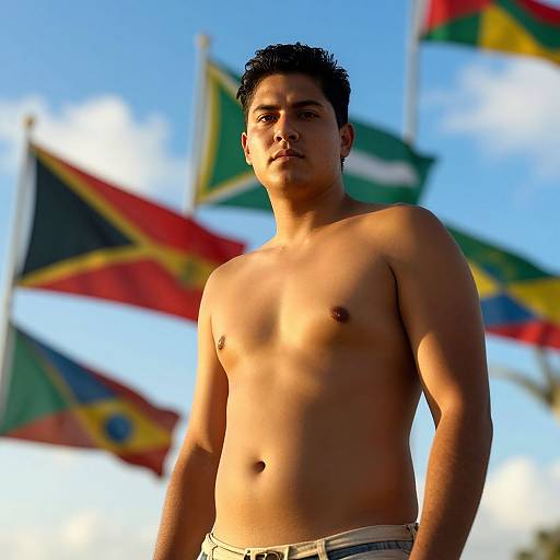 Shirtless young man with short black hair, tan skin, and toned physique stands against a background of colorful Caribbean flags on a bright blue sky.