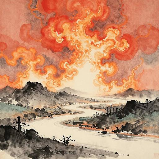 Ethereal Japanese Ink Wasteland Landscape