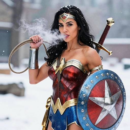 Dynamic Wonder Woman in Snowy Action Scene