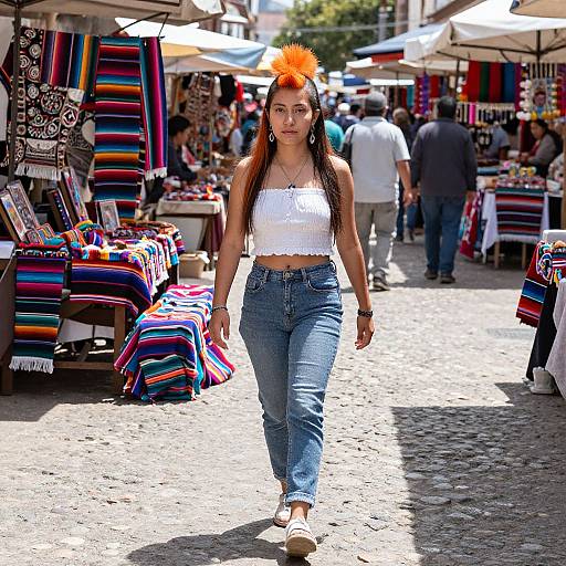 Photograph of a young woman with long brown hair, orange headband, white crop top, and blue jeans, walking through a vibrant outdoor market with