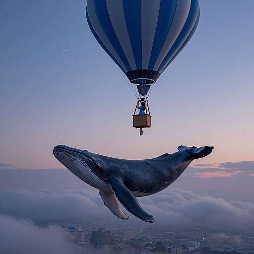 Photograph of a blue-striped hot air balloon above a flying humpback whale, overlooking a cityscape shrouded in morning clouds.