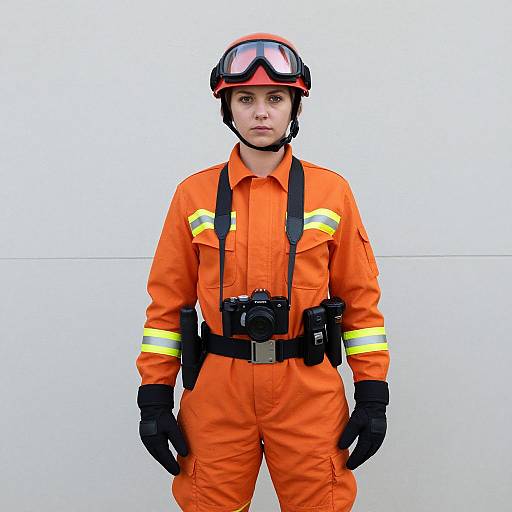Photograph of a young male firefighter in orange uniform, black gloves, red helmet with goggles, and safety belt with tools, standing against a plain white
