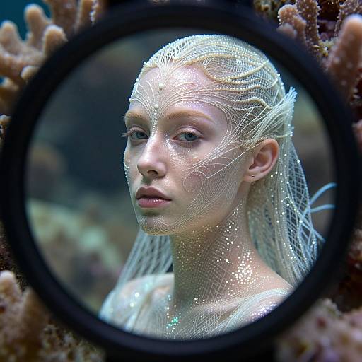 Photograph of a fair-skinned, ethereal woman with silver, web-like hair, viewed through a round, black-framed lens against a coral