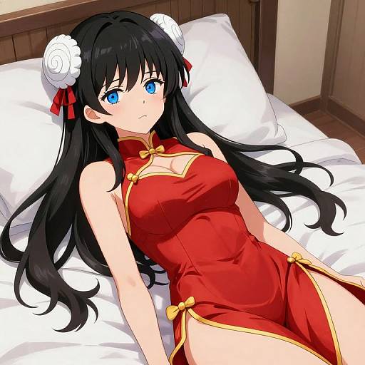 Anime-style digital drawing of a black-haired girl with blue eyes, wearing a red cheongsam with gold trim, lying on a white bed with white