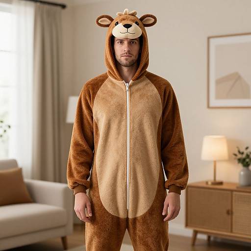 Photograph of a bearded man wearing a brown bear onesie with a zipper, standing in a modern, softly lit living room.