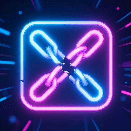 Neon sign with a glowing, pink and blue intersecting loop design, set against a dark blue background with radial light streaks.