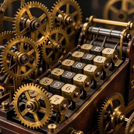 Close-up photograph of intricate brass gears and mechanical dials with black and gold numbered buttons, showcasing a vintage, steampunk-inspired clockwork mechanism.
