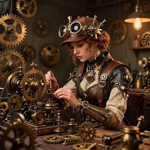 Steampunk woman in vintage gears and goggles, meticulously working on intricate clockwork machinery in a dimly lit workshop with hanging gears.