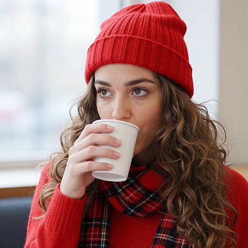 Photograph of a young woman with wavy brown hair, wearing a red knit beanie and matching sweater, drinking from a white cup, with a