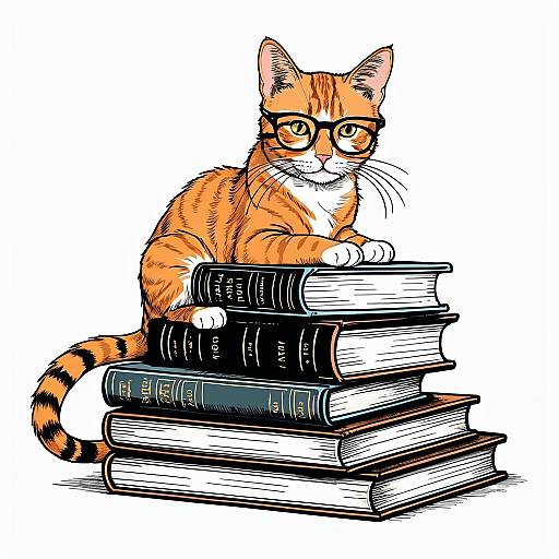 Cartoon Orange Tabby Cat with Glasses on Books