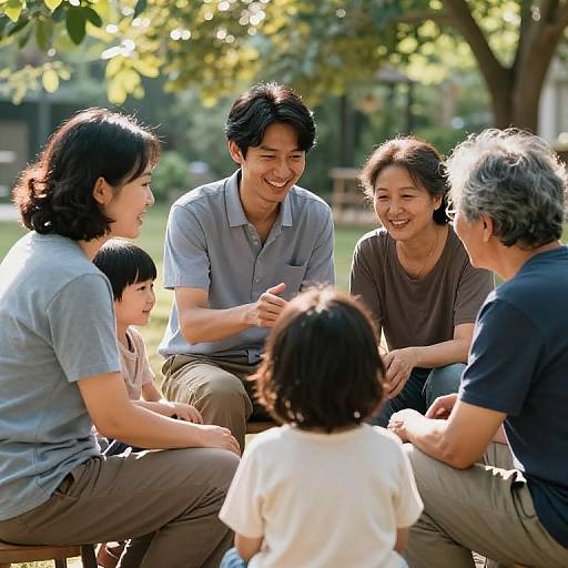 Photograph of a joyful East Asian family of five sitting outdoors, laughing and interacting, sunlight filtering through tree leaves.