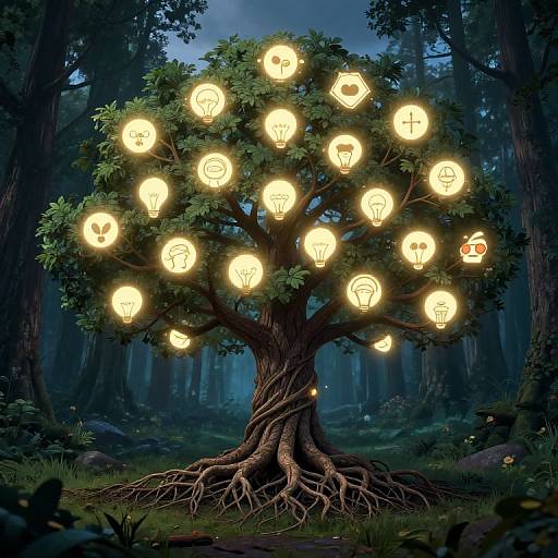 Mystical forest tree with glowing light bulb leaves, illuminated branches, and intricate roots against a twilight forest backdrop. Digital art.