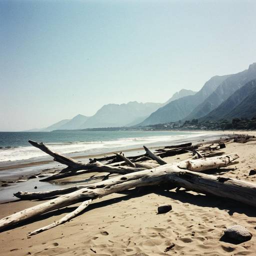 Serene Beach Scene with Misty Mountains