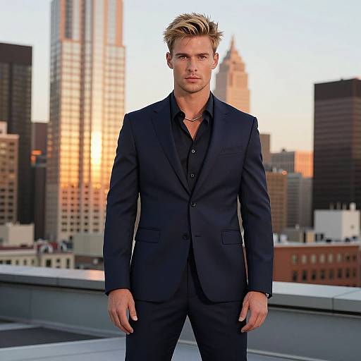 Photograph of a handsome blond man in a black suit and open shirt standing on a rooftop against a city skyline at sunset.