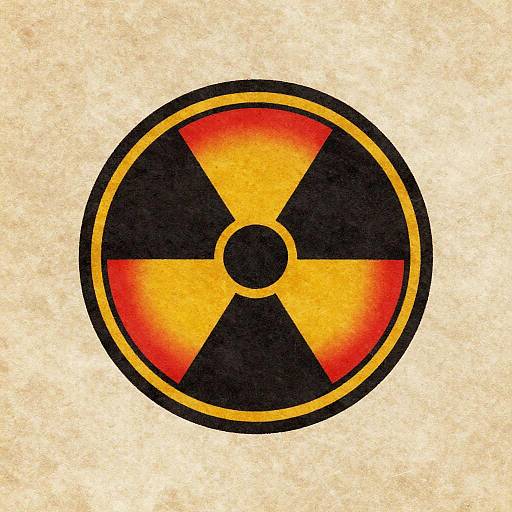 Digital illustration of a radioactive warning sign with a black circle, yellow-orange gradient radiation symbol on a textured beige background.