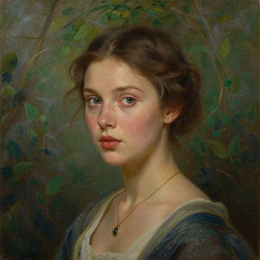 Realistic oil painting of a young woman with fair skin, brown hair in a loose bun, green eyes, wearing a gold necklace and blue dress,