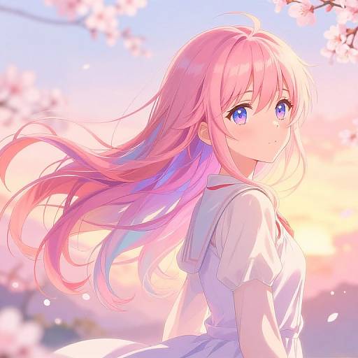 Digital anime-style drawing of a pink-haired girl with vibrant blue eyes, wearing a white sailor uniform, standing amidst cherry blossoms at sunset.