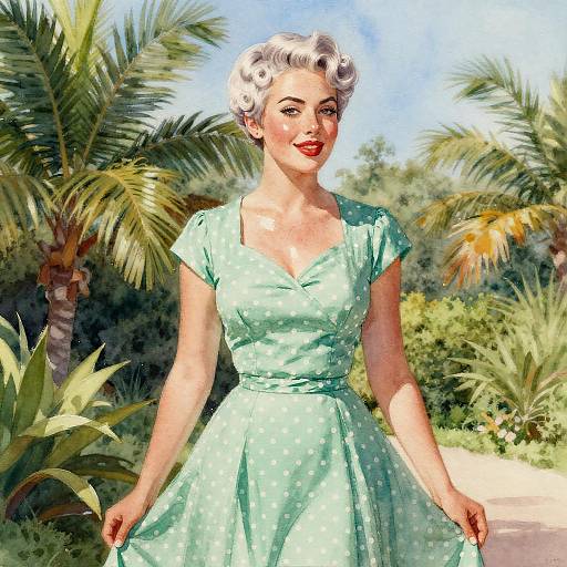 Vintage-style digital illustration of a smiling, fair-skinned woman with curly blonde hair in a mint green polka-dot dress, standing in a sunny,