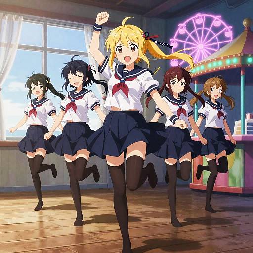 Energetic Anime Schoolgirls in Seaside Amusement Park