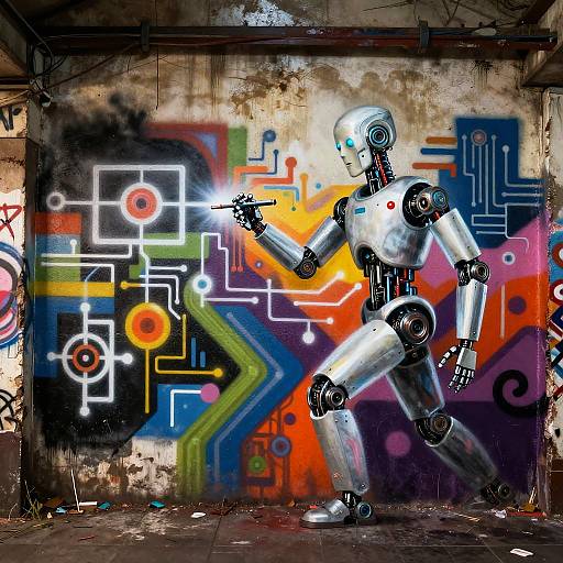 Photograph of a silver robotic figure pointing at vibrant, geometric graffiti on a worn, industrial wall with colorful, abstract patterns.