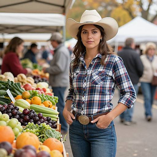 Photograph of a young woman with long brown hair, wearing a white cowboy hat, plaid shirt, and blue jeans, standing at a bustling outdoor