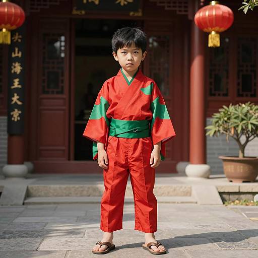 Young Boy in Traditional Red and Green Kimono