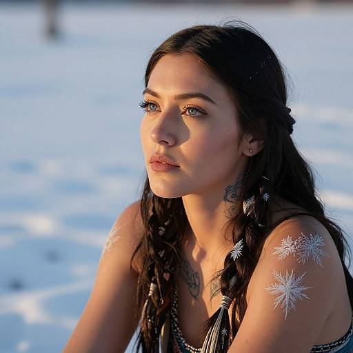 Photograph of a young woman with long, dark braided hair, fair skin, and snowflakes on her shoulders, gazing pensively into