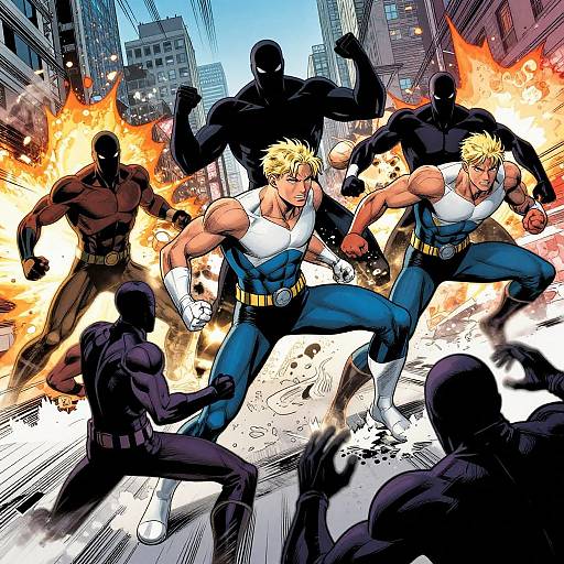 Comic-style illustration: Muscular blonde man in blue and white fighting against black-clad, shadowy figures amidst fiery explosions in an urban street.