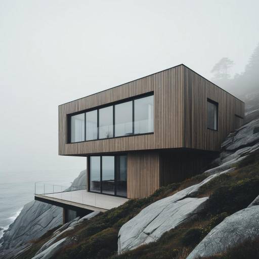 Minimalist Wooden House on Foggy Coastal Cliff