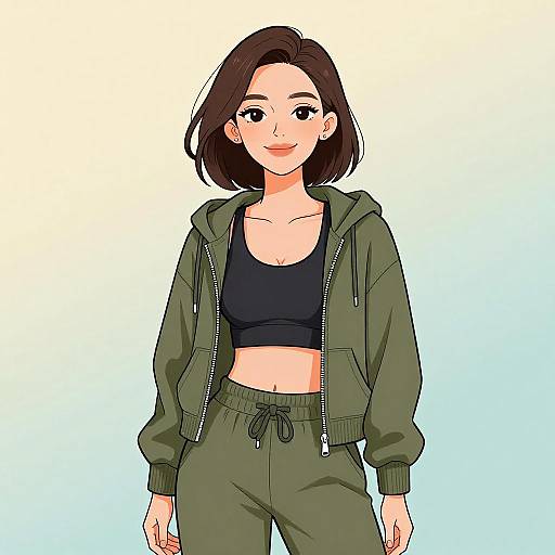 Digital anime-style drawing of a young woman with short brown hair, wearing a green hoodie, black sports bra, and olive cargo pants.