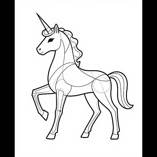 Black and white line drawing of a standing unicorn with a raised front leg, simple outline style, no background details.