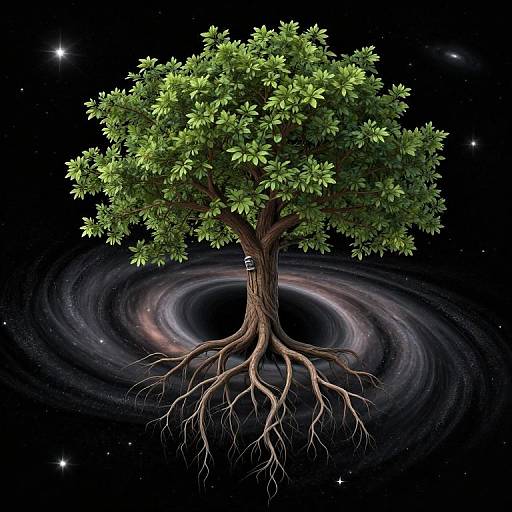 Digital art of a lush green tree with intricate roots, centered above a swirling galaxy against a starry black space background.