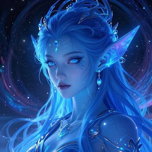 Digital art of a glowing blue elf woman with long, flowing hair, pointed ears, and ethereal wings, set against a cosmic background. Her piercing
