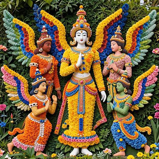 Photograph of vibrant, flower-embroidered Hindu deities with colorful wings, traditional attire, and ornate crowns, standing against lush green