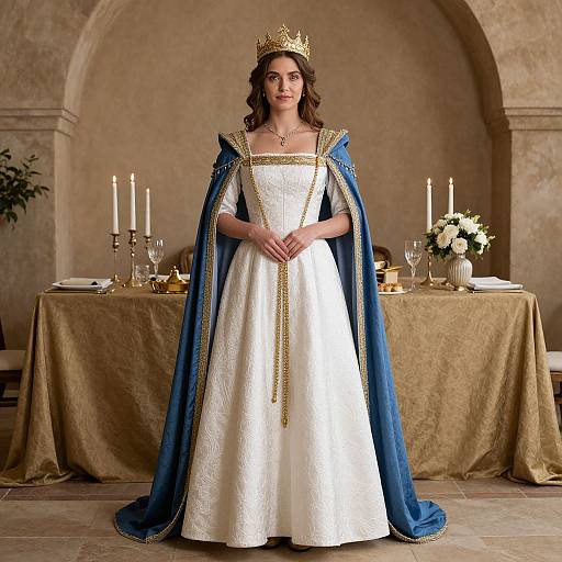 Photograph of a young woman in a white medieval-style gown with gold trim, blue velvet cloak, and gold crown, standing in an ornate,