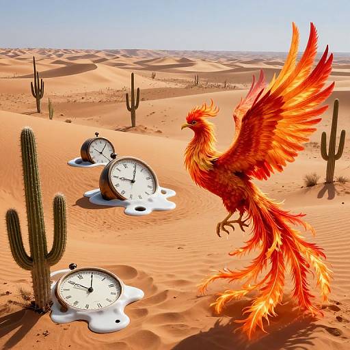 Digital illustration: Vibrant red and orange phoenix with fiery feathers stands in a desert with three melting clock faces and cacti.