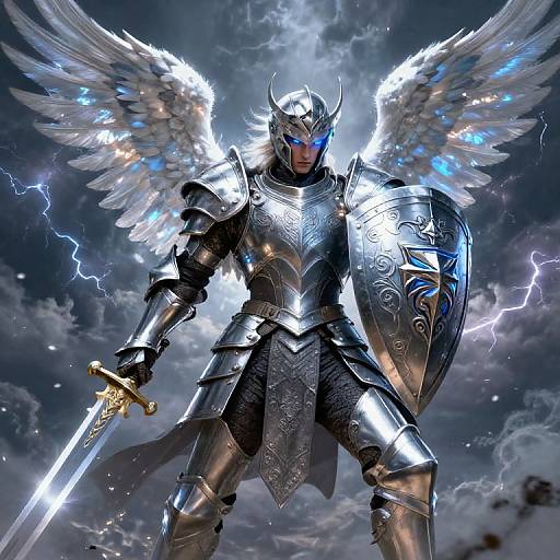 Digital artwork of a silver-winged, armored angel warrior with glowing blue eyes, holding a sword and shield, standing against a stormy sky with lightning