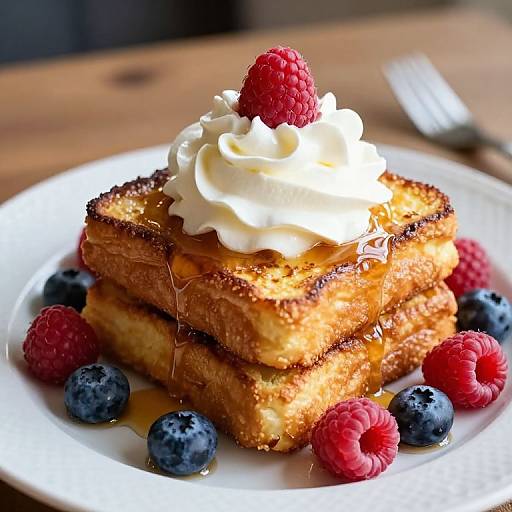 Photograph of golden-brown pancakes stack with whipped cream, raspberry, and blueberries on a white plate, drizzled with syrup.