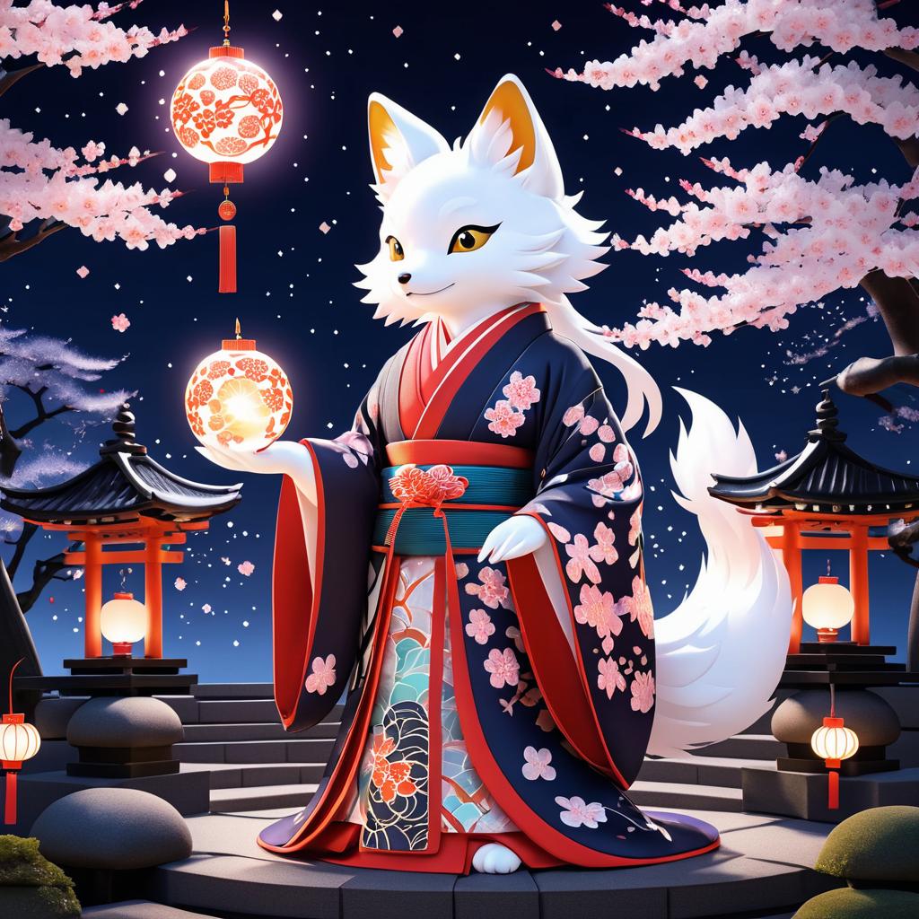 Whimsical Kitsune in Moonlit Shrine