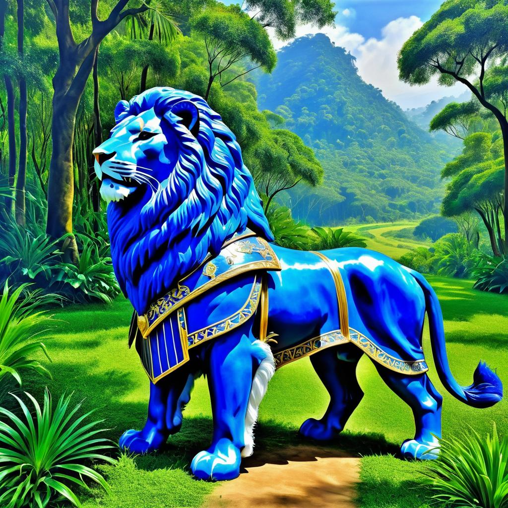 Majestic Lion in Royal Blue Armor Landscape