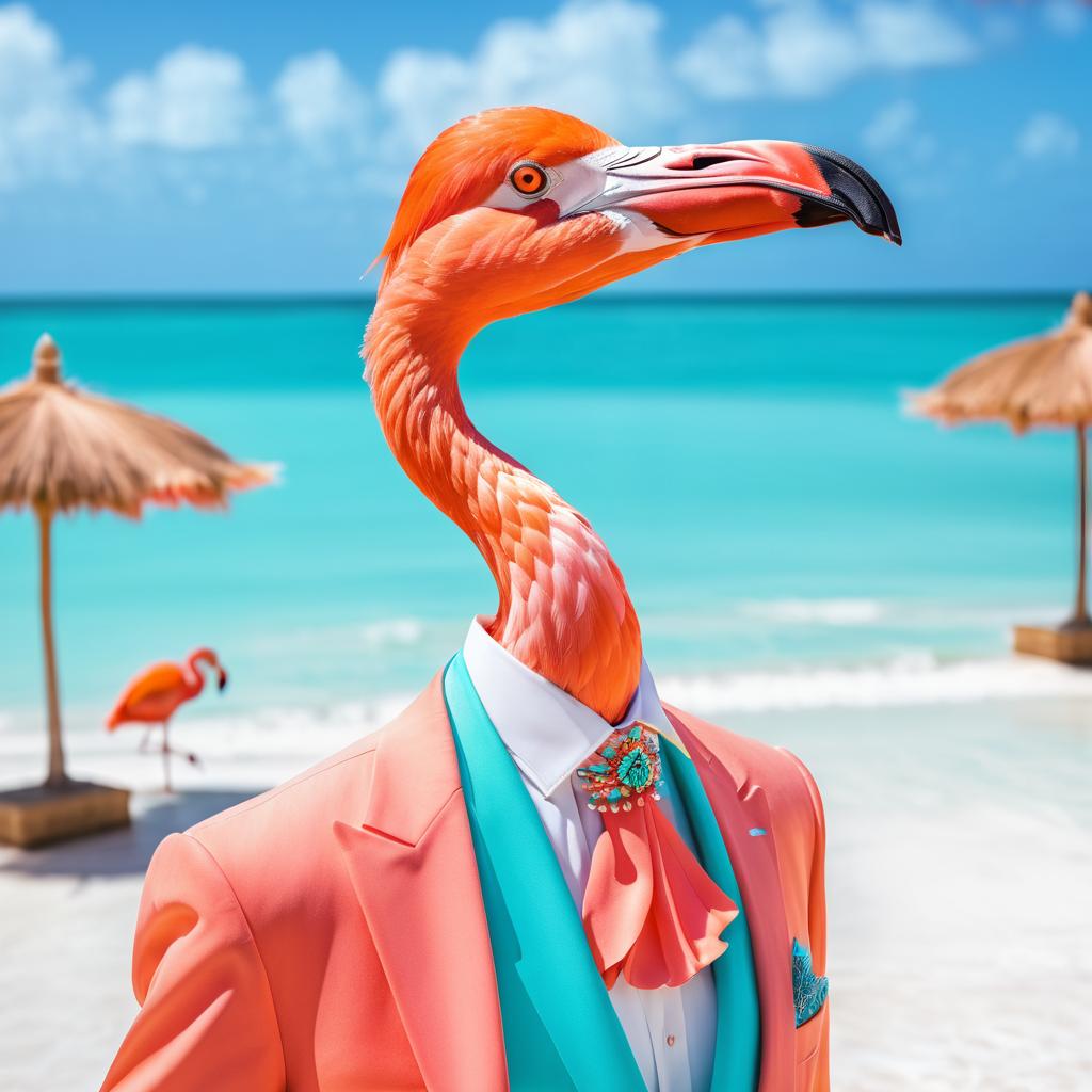 Chic Flamingo Portrait on Tropical Beach