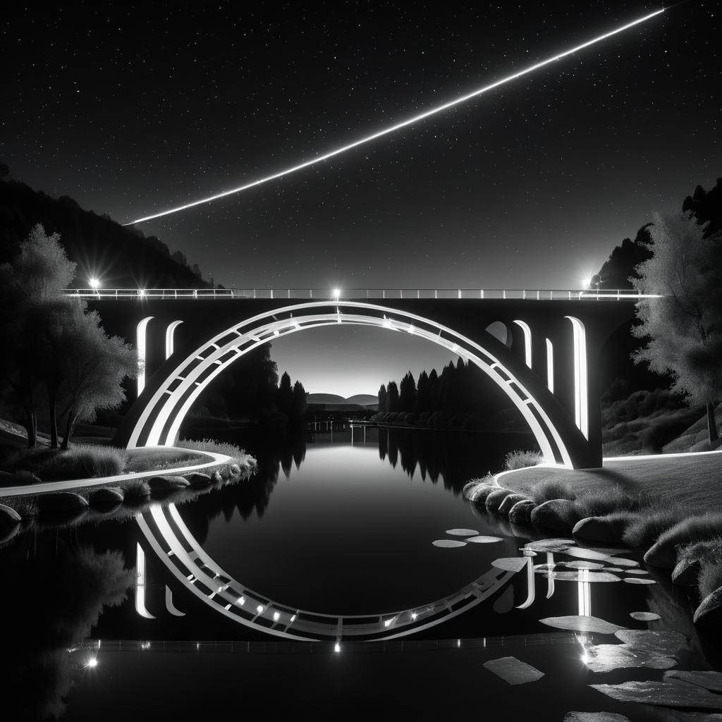 Monochrome Lake Valley Bridge at Night