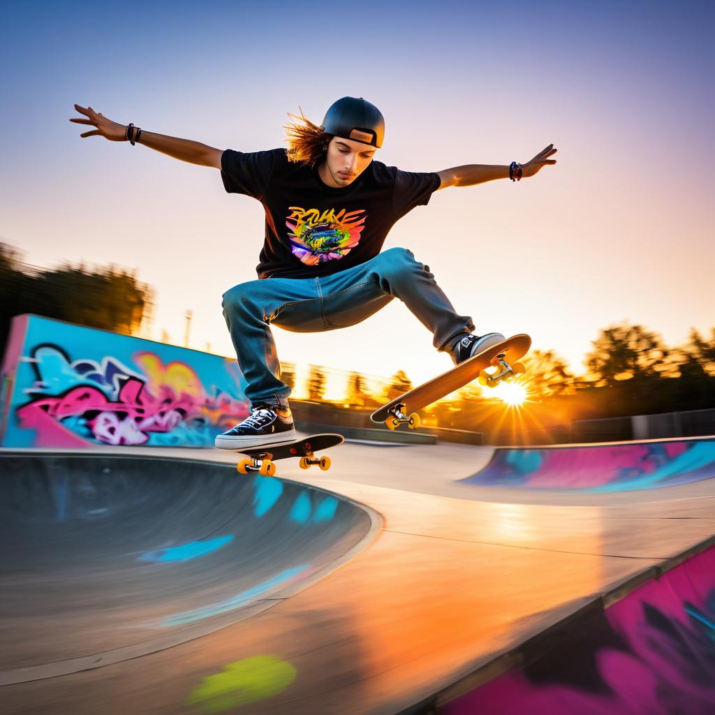 Skateboarder Soaring at Sunset in Urban Scene