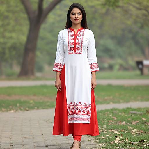 Photograph of a young South Asian woman with long black hair, wearing a white and red traditional Punjabi kameez, standing on a park pathway