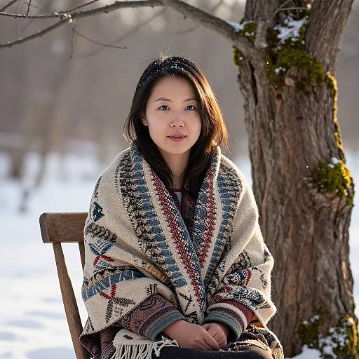 Photograph of an Asian woman with long black hair, wearing a colorful, patterned wool blanket, sitting outdoors on a wooden chair in a snowy,