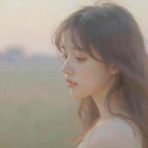 Softly lit photograph of an Asian woman with long brown hair, gentle smile, and fair skin, in profile against a blurred, pastel background.