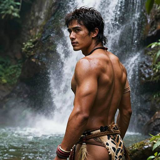 Photograph of a muscular, shirtless young man with dark hair, tribal necklace, and leopard-print loincloth, standing in front of a casc