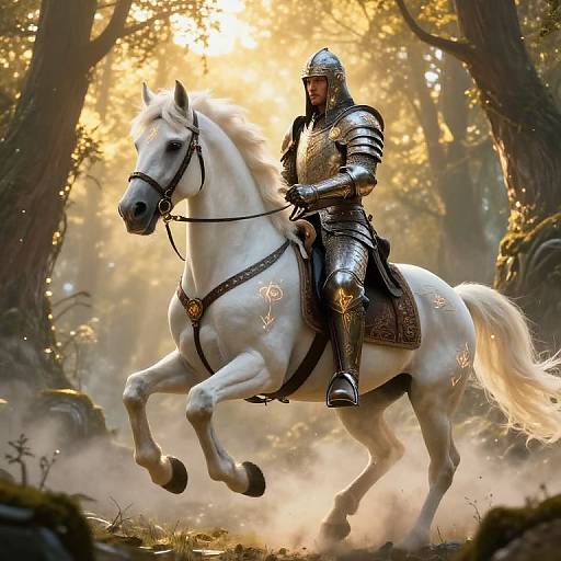 Digital artwork of a knight in shining armor riding a white horse with mystical symbols, galloping through a sunlit forest.